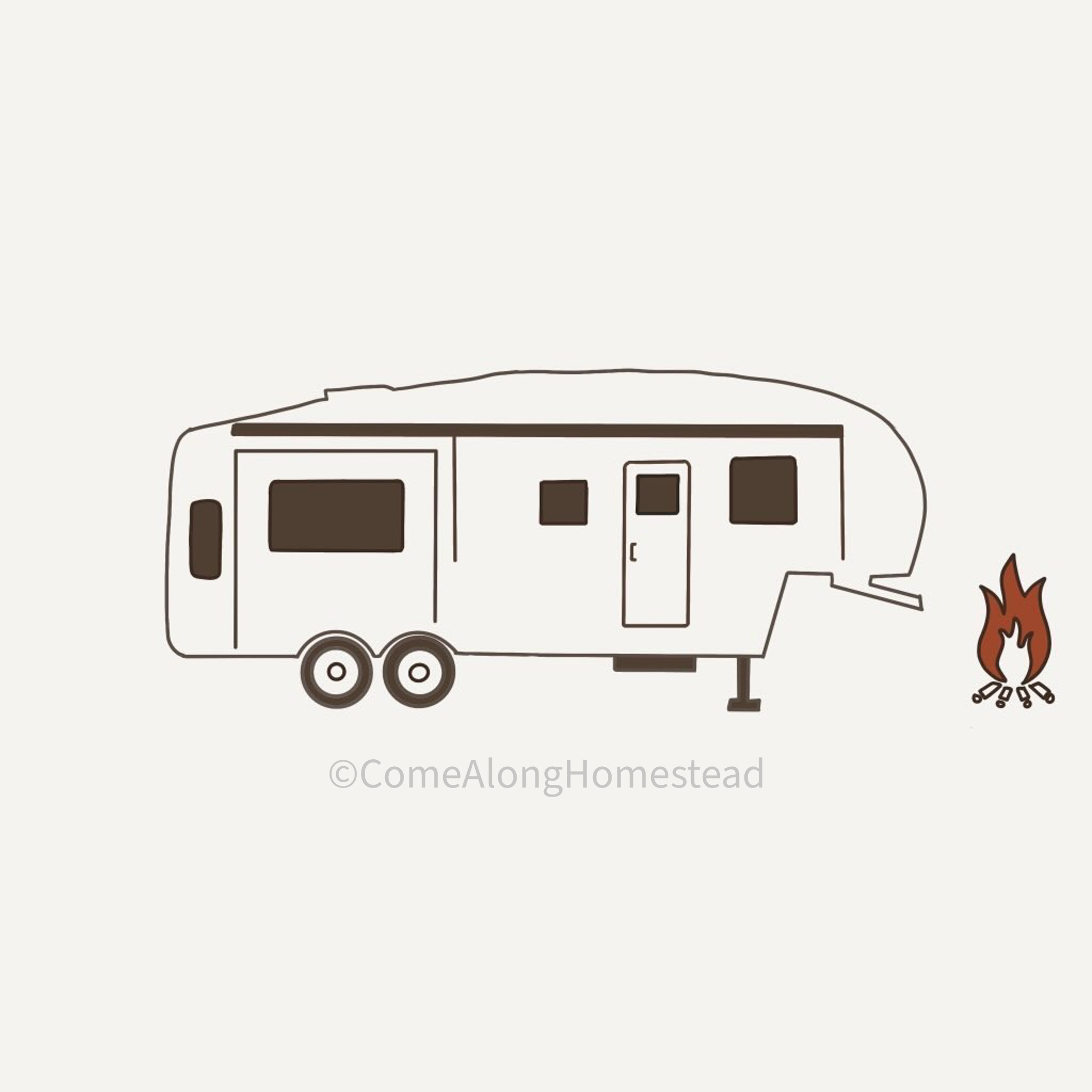 drawing of rv with fire pit to the right