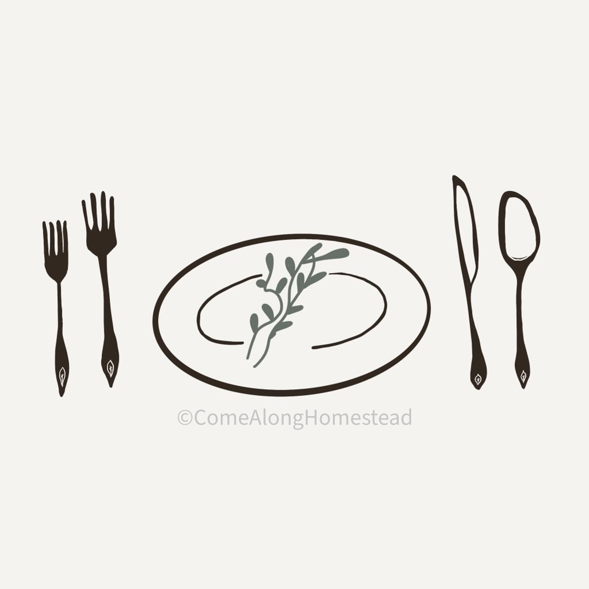 drawing of plate with plant on it and silverware on the sides