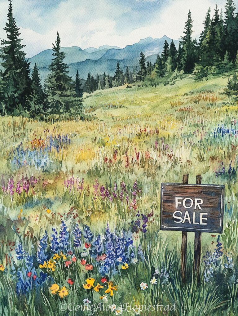 sign post saying for sale with beautiful wildflowers, trees, and land behind it