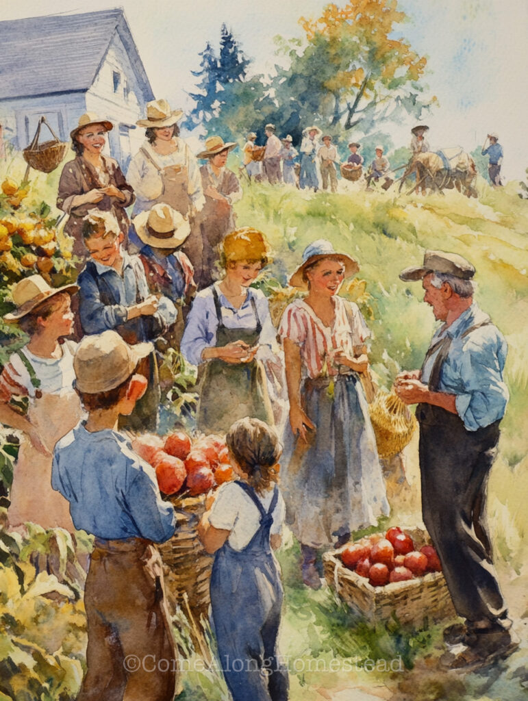 group of people coming together outside for a harvest