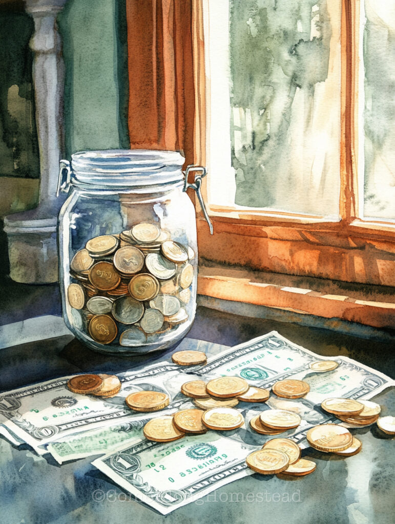 watercolor of dollars and coins on the table with a jar of coins behind it.