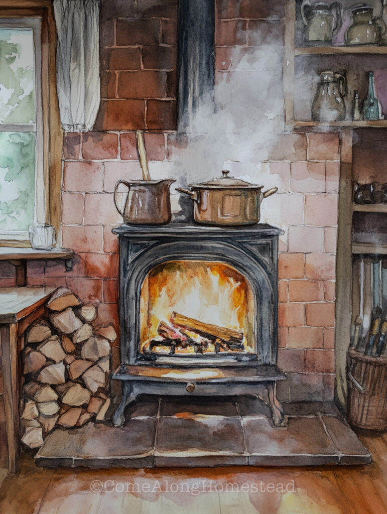 watercolor of vintage stove with pots on top of it.