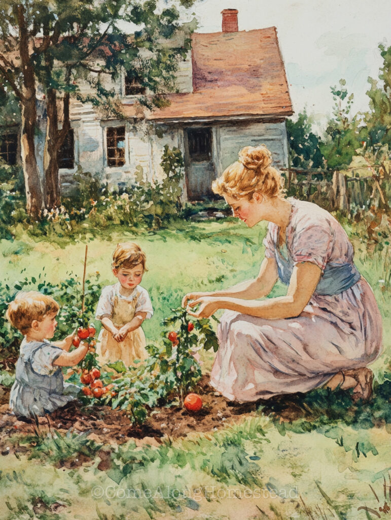 watercolor of woman tending her plants with two children helping her