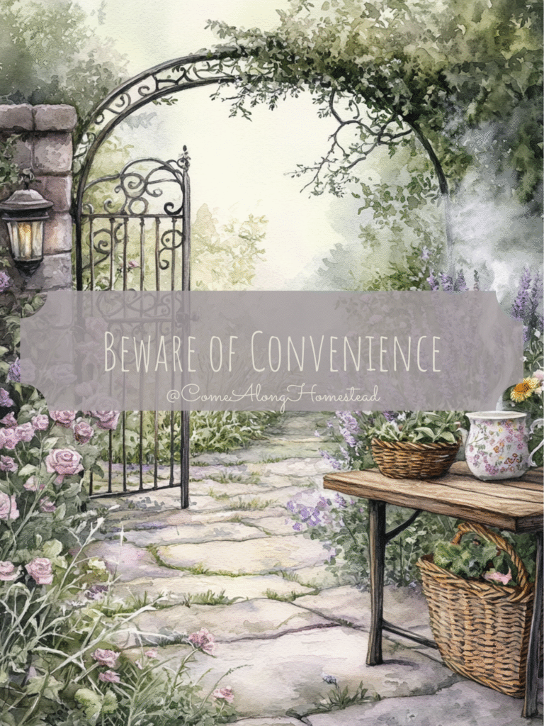 watercolor of garden gate with flowers and vines and a small wooden table with plants and a tea pot on it. it has the phrase "beware of convenience" on it