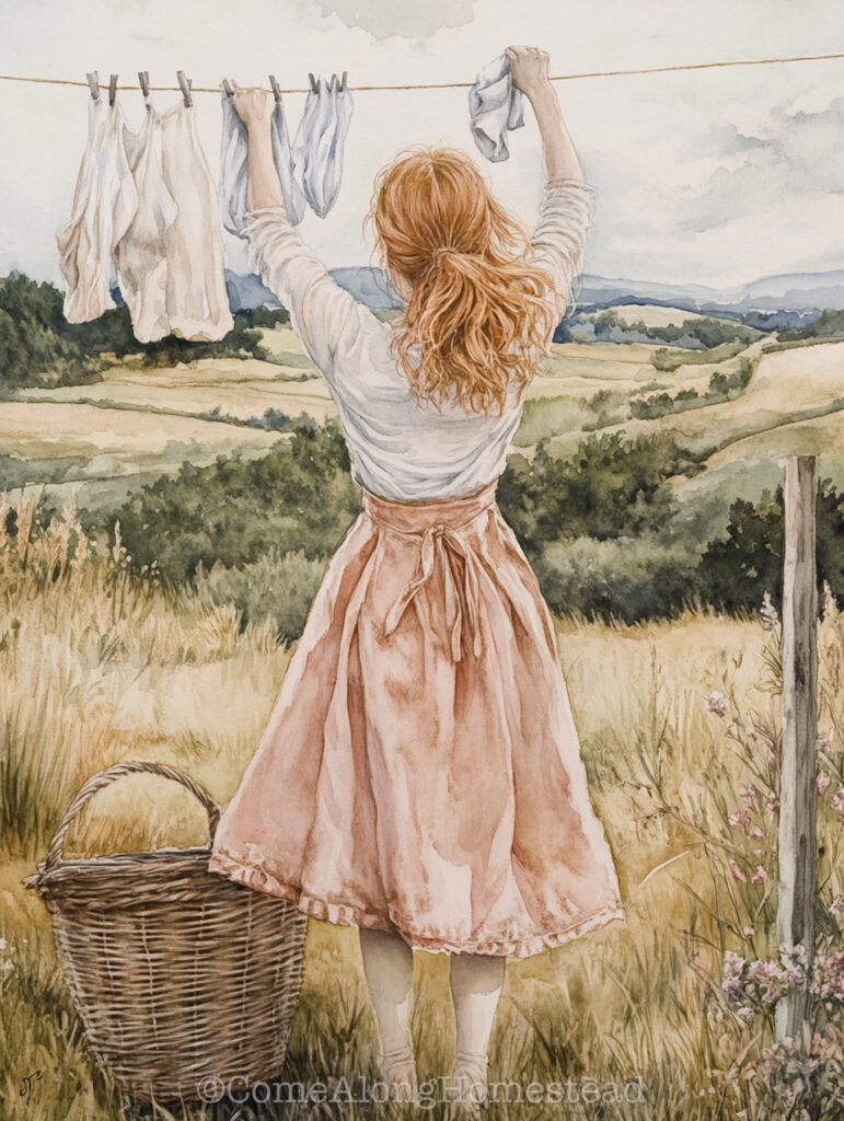 watercolor of girl hanging clothes on a clothesline with a basket at her feet and beautiful trees and rolling hills in the background