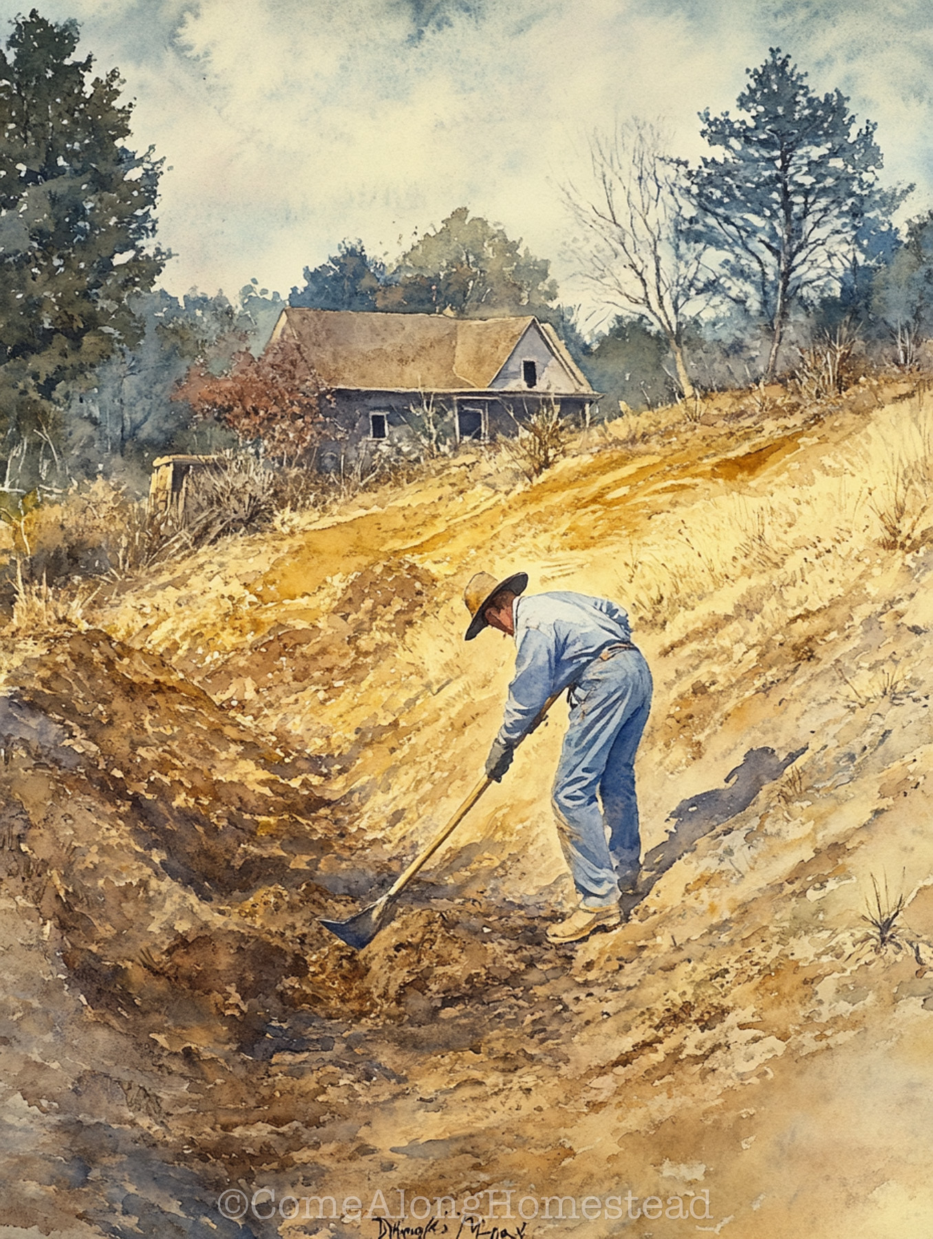 man shoveling dirt on uneven land