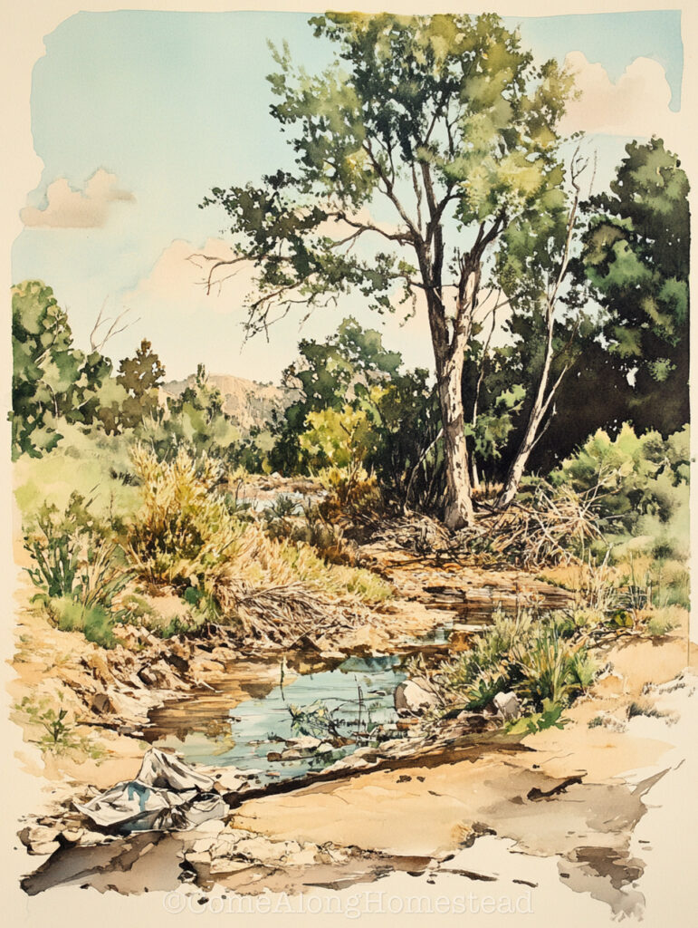 watercolor of raw land with overgrown land and plants that are not beneficial and a dry creek with trash in it.