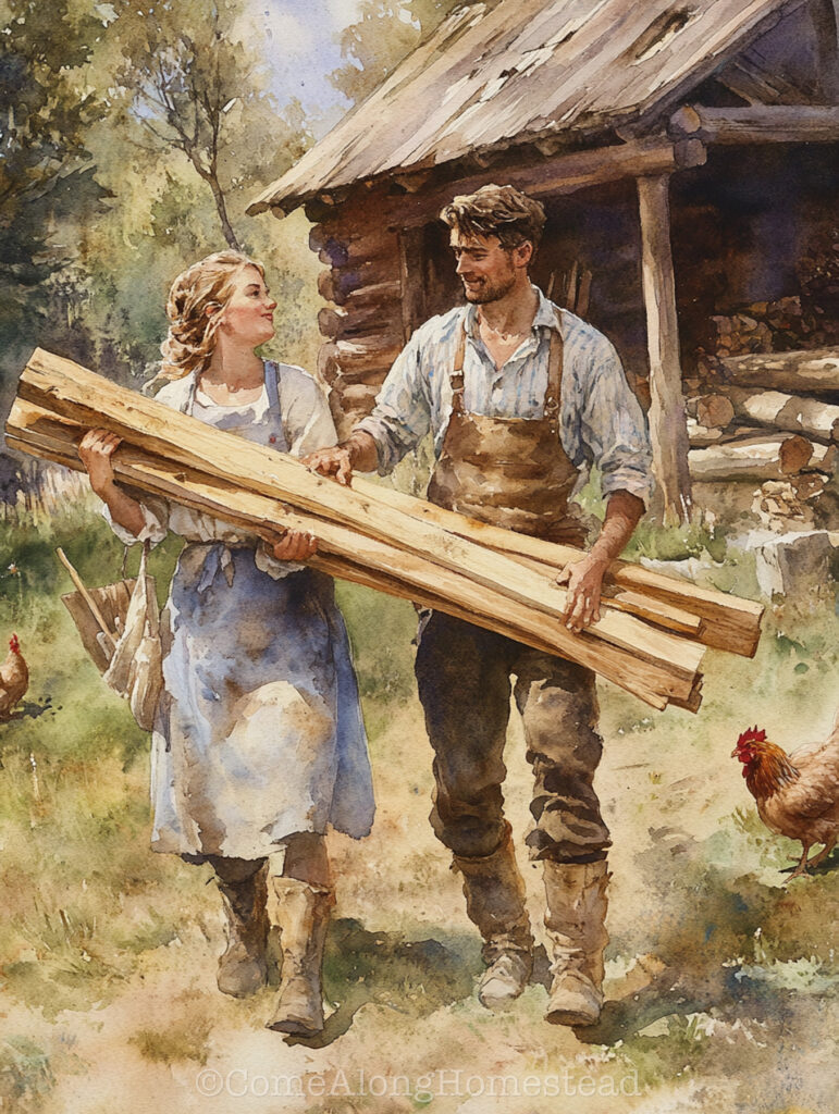 watercolor of man and woman holding wood and working together