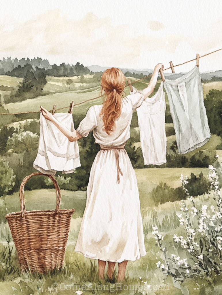watercolor of woman hanging laundry on a clothesline with a wicker basket on the ground by her feet.